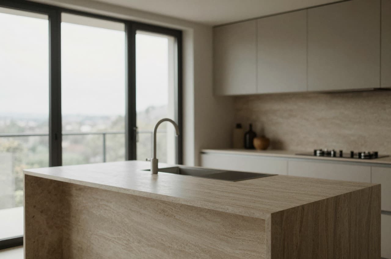 Kueche mit Naturstein-Arbeitsplatte und Kalksteinboden
