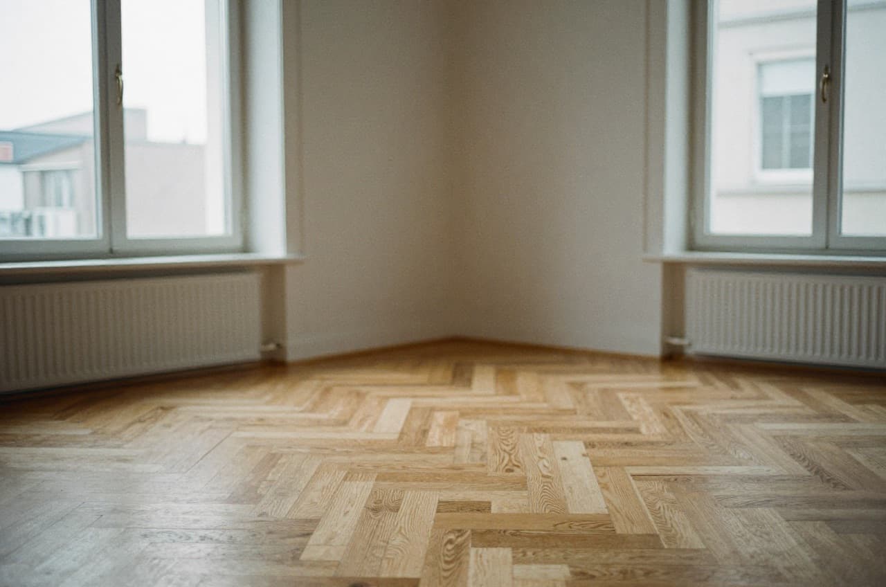 Wohnraum mit Parkett und mineralischem Wandputz