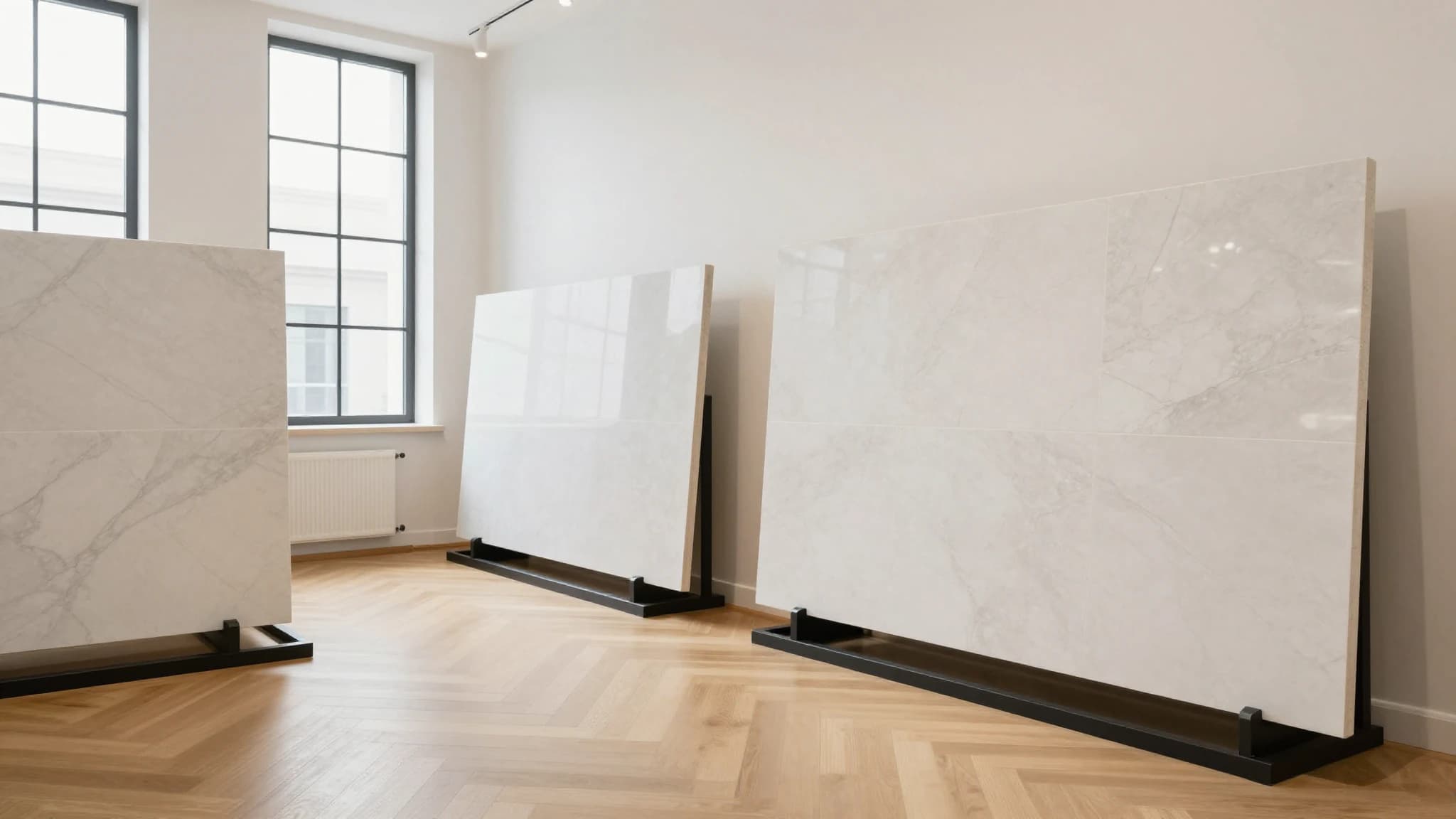 Heller Ausstellungsraum mit großformatigen Marmorplatten auf Ständern und Fischgrätparkett