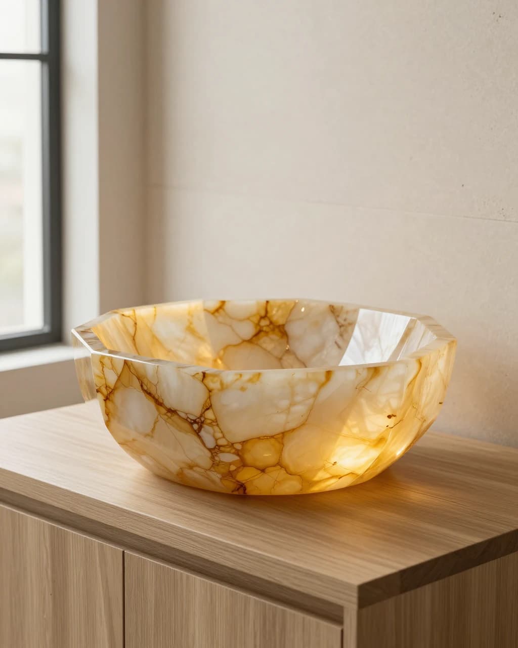 Aufsatzbecken aus honigfarbenem Onyx, durchscheinend im Gegenlicht, auf einem Waschtisch aus heller Eiche